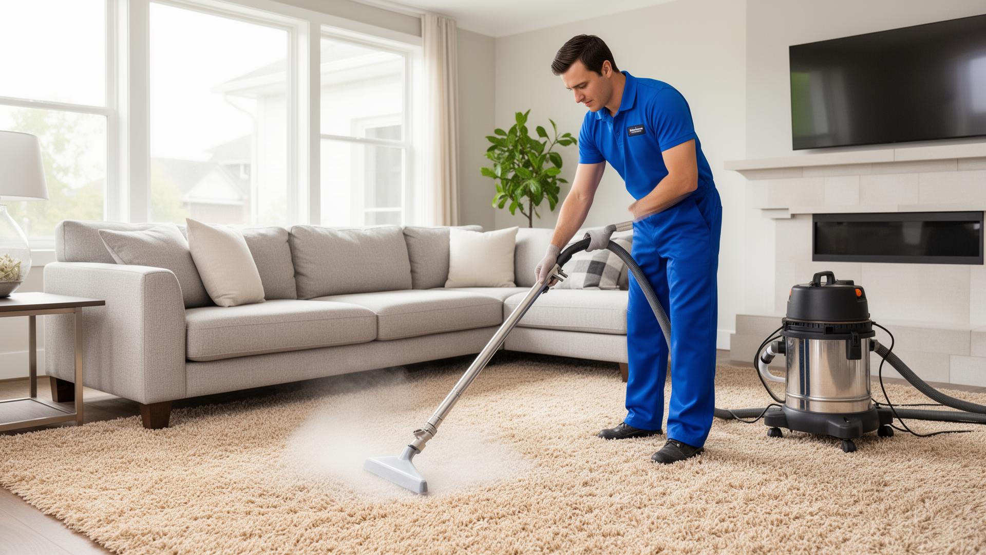 Professional carpet cleaning technician using industrial steam extraction equipment on beige carpet in Metro Detroit living room