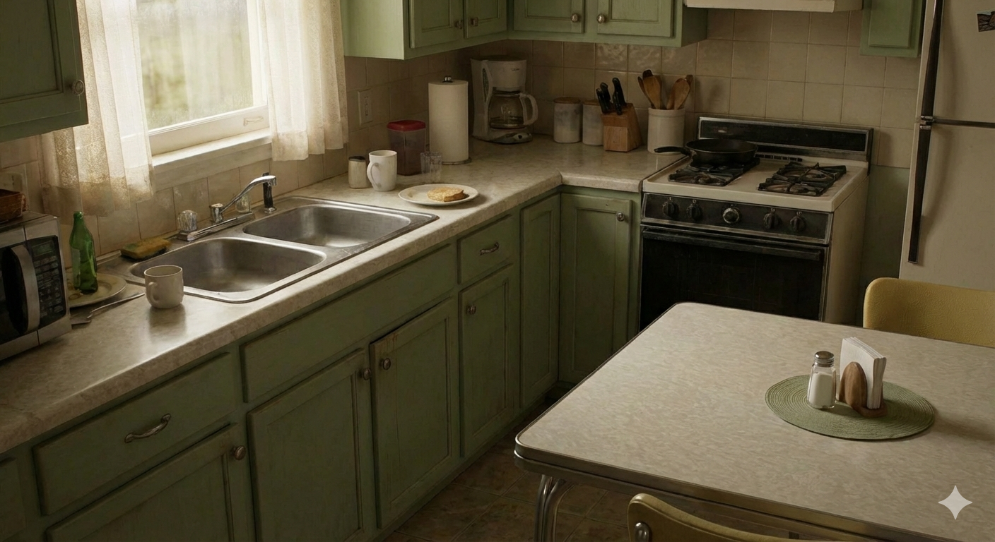 Immaculate kitchen with clean counters, organized appliances, spotless stove, and clear dining table after professional deep cleaning