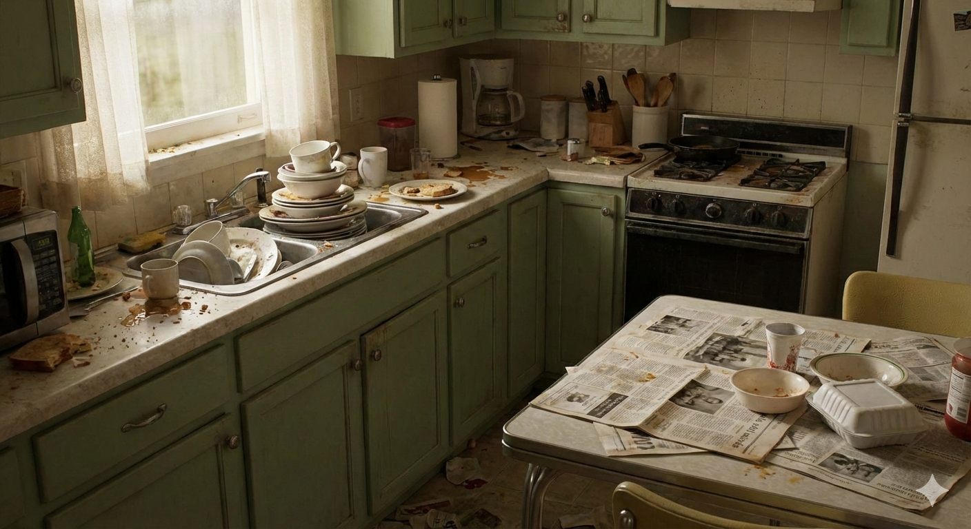 Messy kitchen with dirty dishes piled in sink, food spills on counters, newspapers on table, and grease buildup on stove before professional cleaning