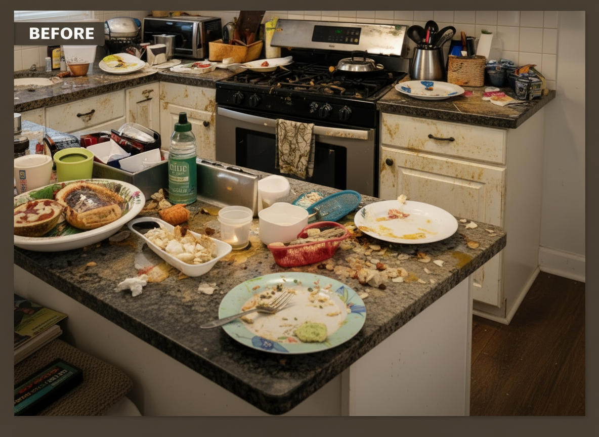 Kitchen before deep cleaning showing grease buildup and dirty surfaces in Metro Detroit home