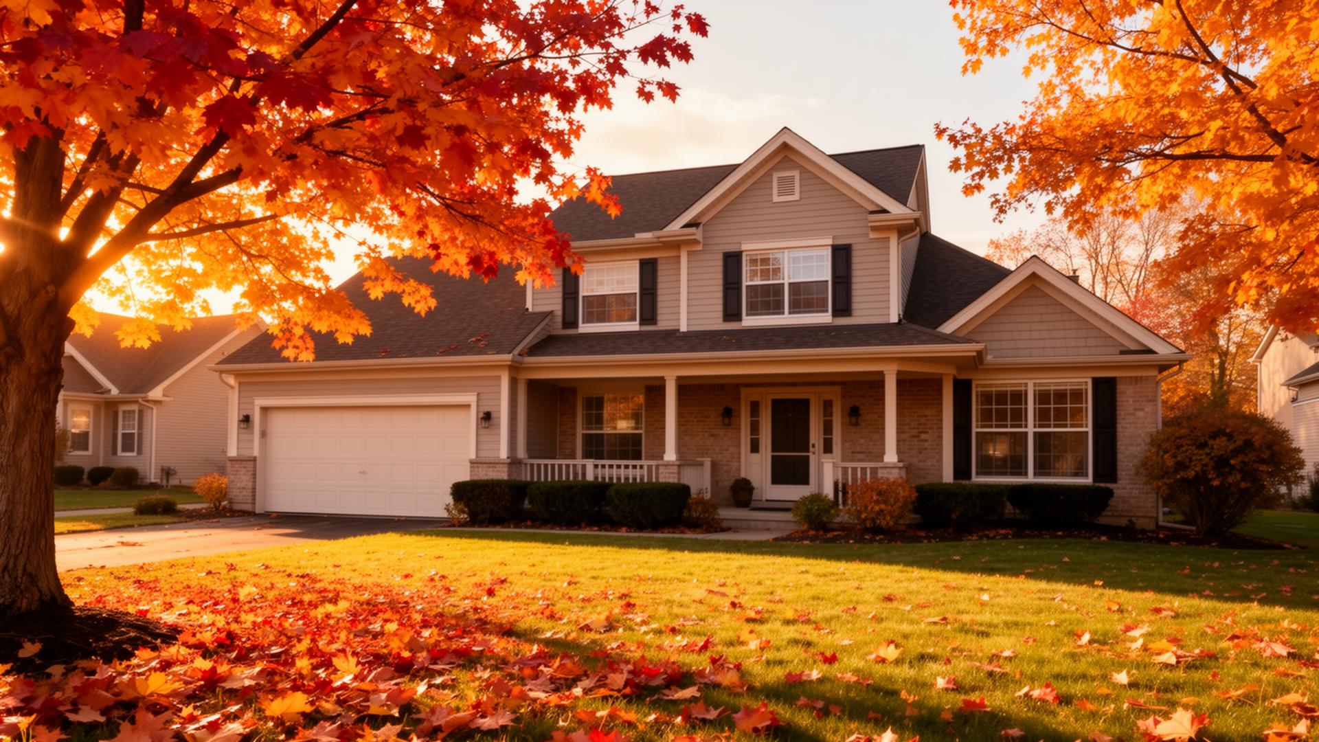 Beautiful Metro Detroit suburban home exterior during autumn with colorful fall foliage and well-maintained yard