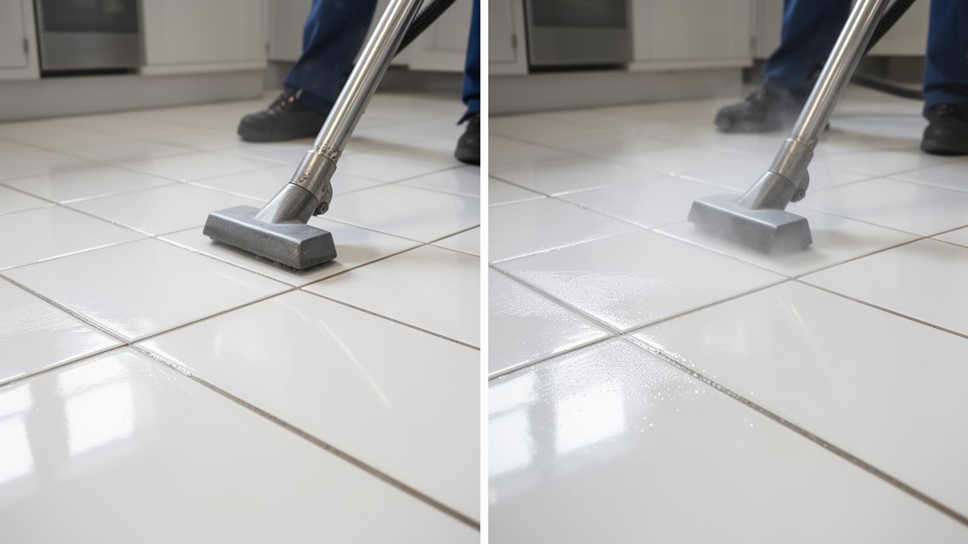 Professional tile and grout cleaning service showing before and after results on white ceramic floor tiles