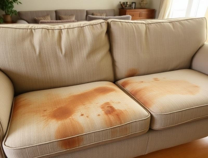 Stained and dirty sofa upholstery before professional cleaning showing wear and discoloration